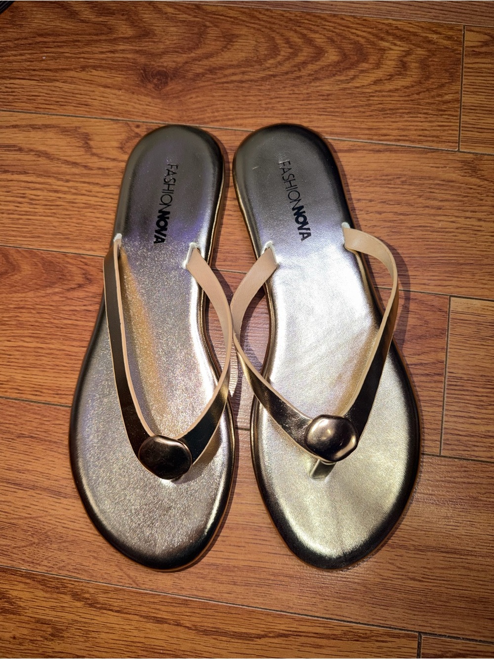 Fashion Nova Metallic Gold and Nude Thong Sandals